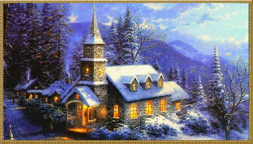 новогодние рисунки домики в снегу и елочки
