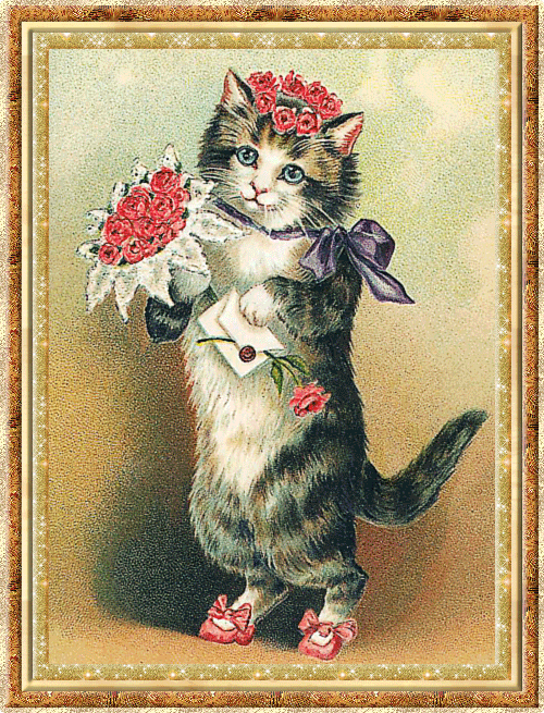 Котитк с букетом цветов